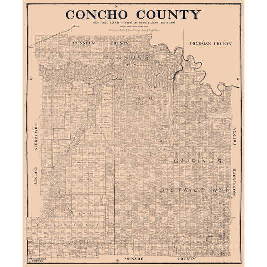 Historic County Map - Concho County Texas - Rosenberg 1897 - Vintage Wall Art