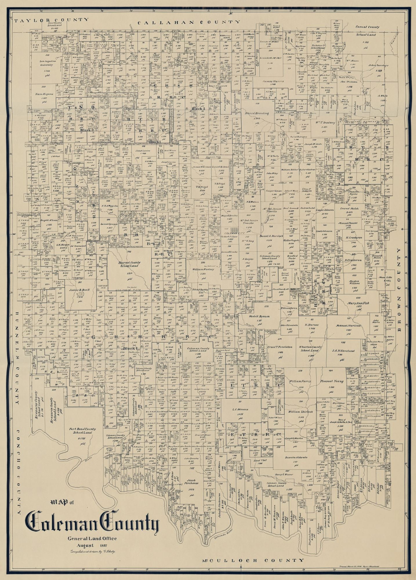 Historic County Map - Coleman County Texas - Schutze 1897 - 23 x 32.05 - Vintage Wall Art