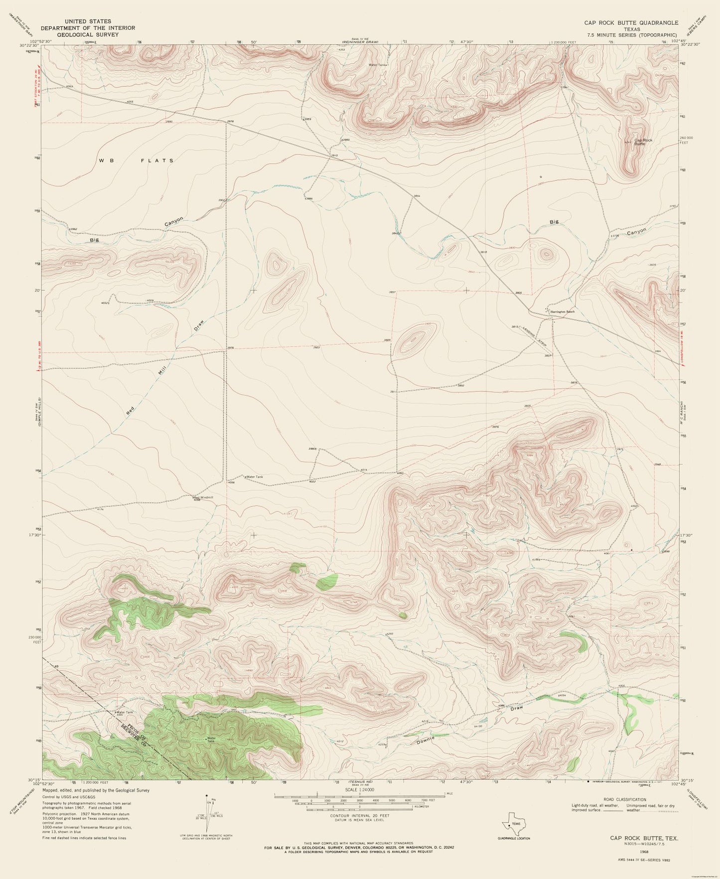 Topographical Map - Cap Rock Butte Texas Quad - USGS 1968 - 23 x 28.04 - Vintage Wall Art