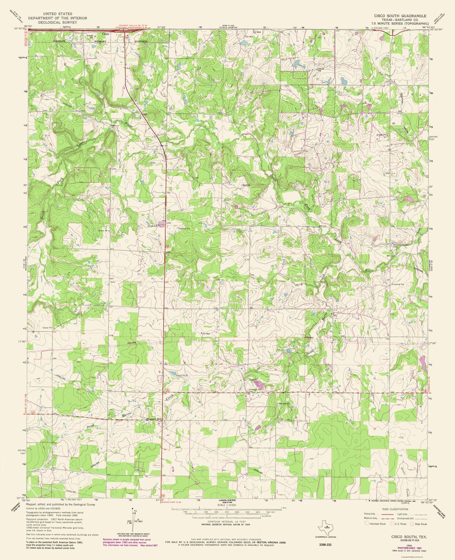 Topographical Map - Cisco Texas South Quad - USGS 1987 - 23 x 28.33 - Vintage Wall Art