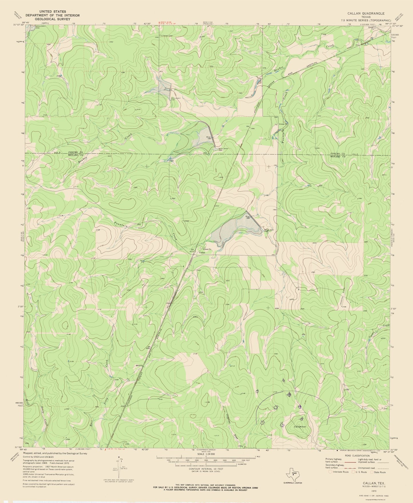 Topographical Map - Callan Texas Quad - USGS 1970 - 23 x 28 - Vintage Wall Art