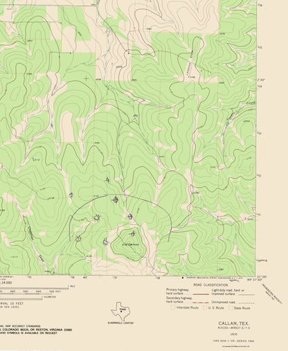 Topographical Map - Callan Texas Quad - USGS 1970 - 23 x 28 - Vintage Wall Art
