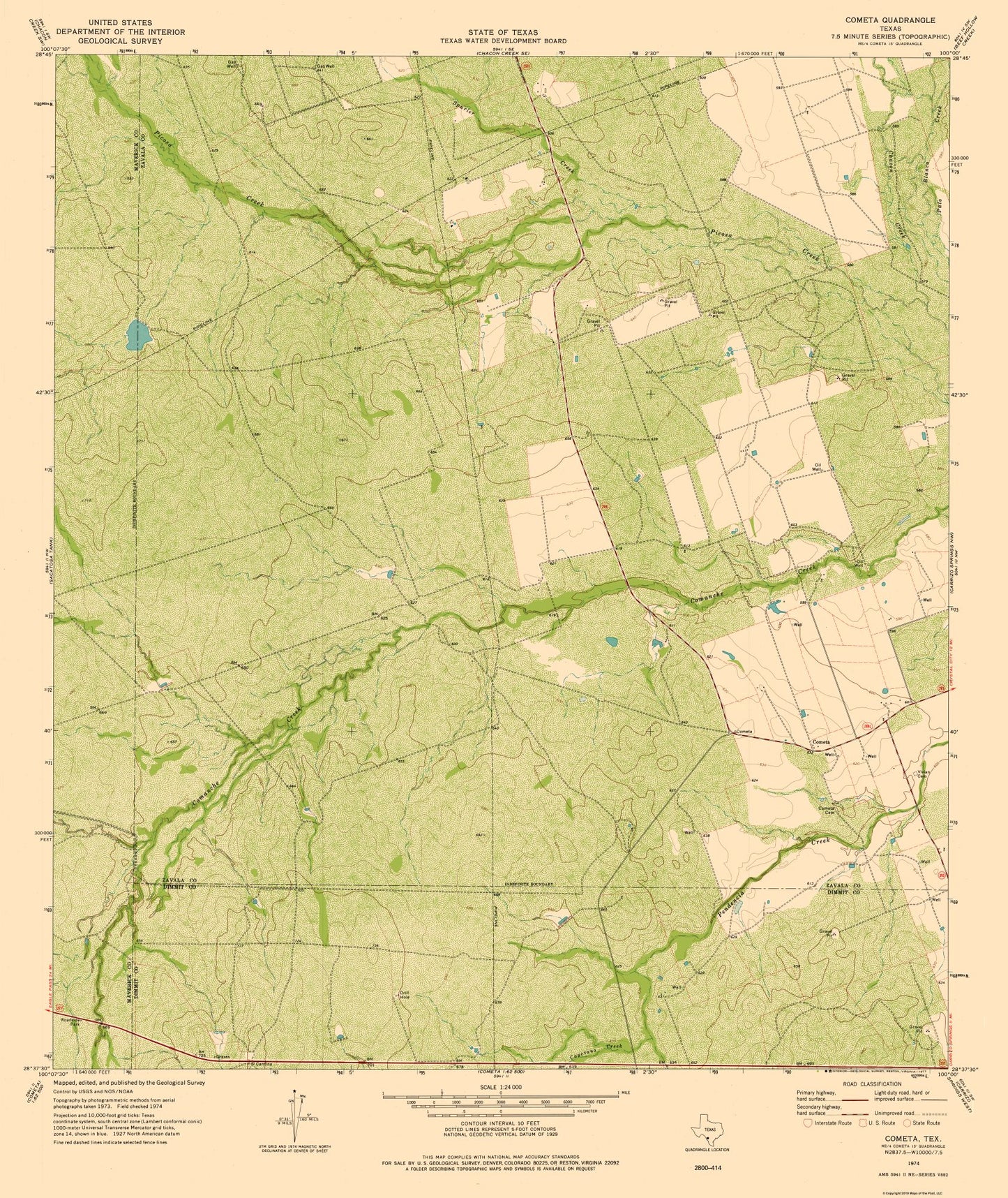 Topographical Map - Cometa Texas Quad - USGS 1974 - 23 x 27.32 - Vintage Wall Art