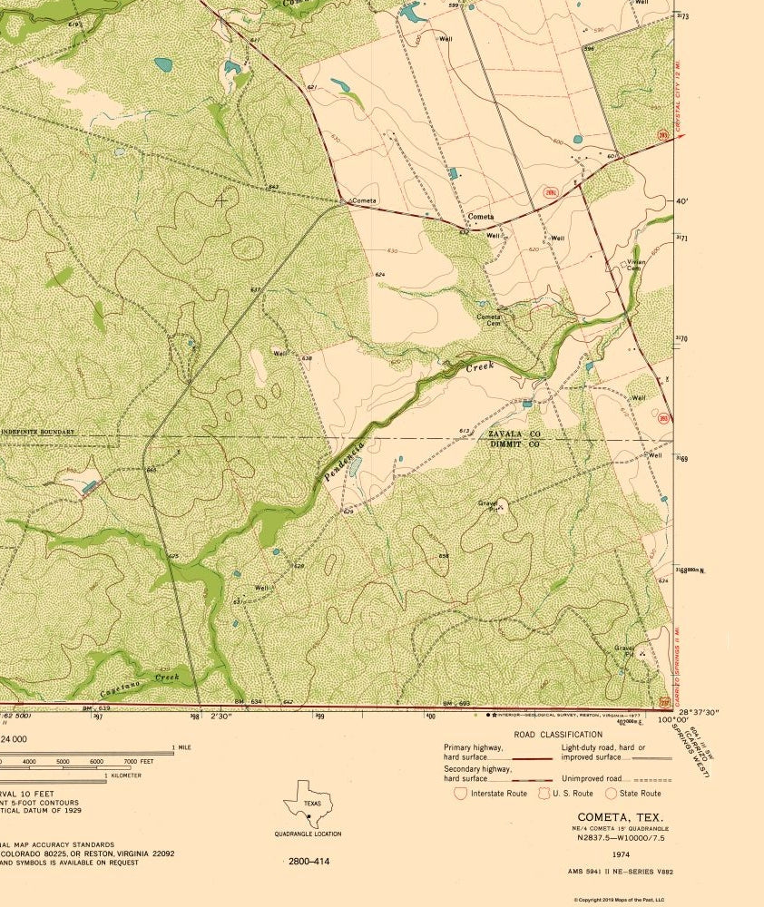 Topographical Map - Cometa Texas Quad - USGS 1974 - 23 x 27.32 - Vintage Wall Art