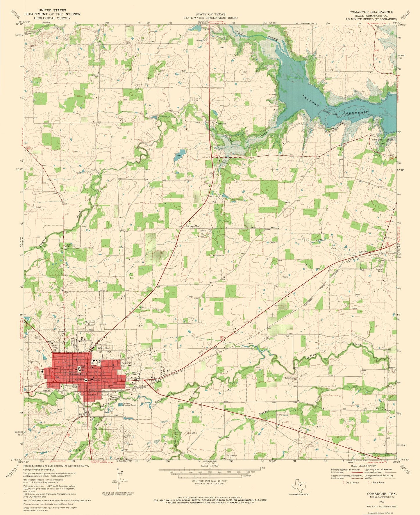 Topographical Map - Comanche Texas Quad - USGS 1969 - 23 x 28.19 - Vintage Wall Art