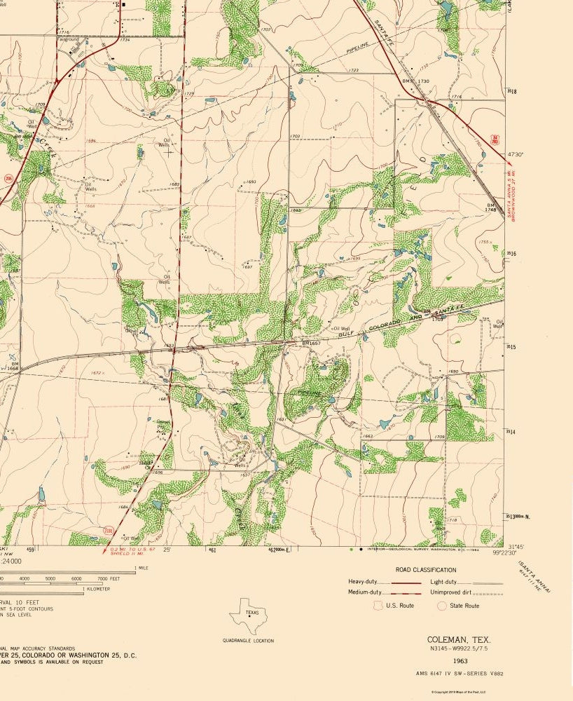 Topographical Map - Coleman Texas Quad - USGS 1963 - 23 x 28.12 - Vintage Wall Art