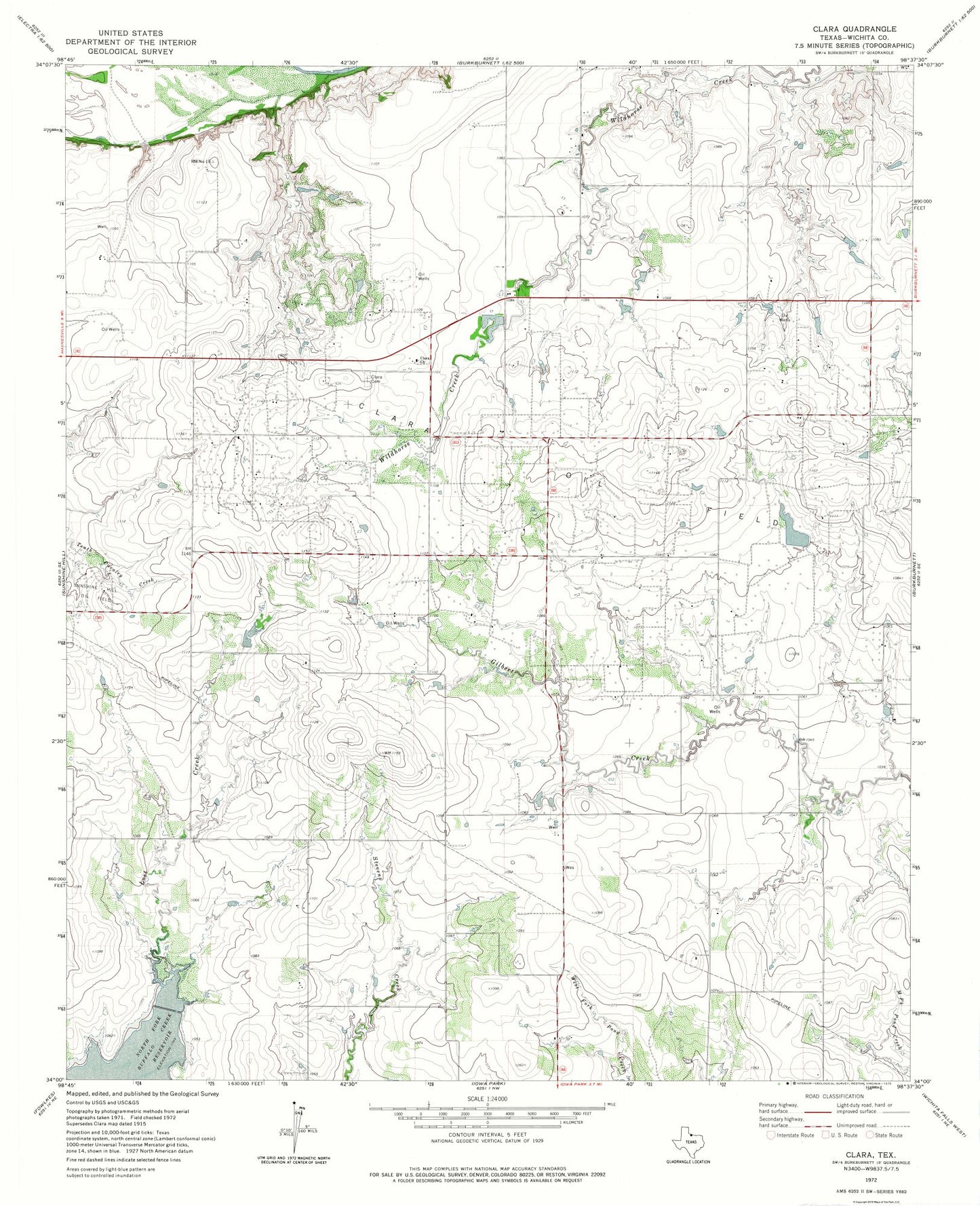 Topographical Map - Clara Texas Quad - USGS 1972 - 23 x 28.30 - Vintage Wall Art