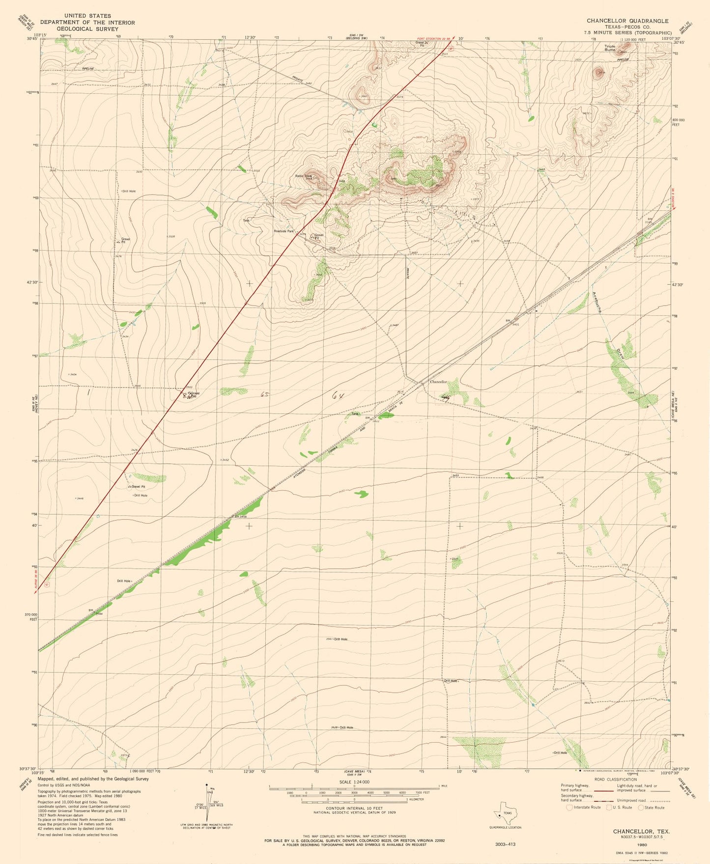 Topographical Map - Chancellor Texas Quad - USGS 1980 - 23 x 27.99 - Vintage Wall Art