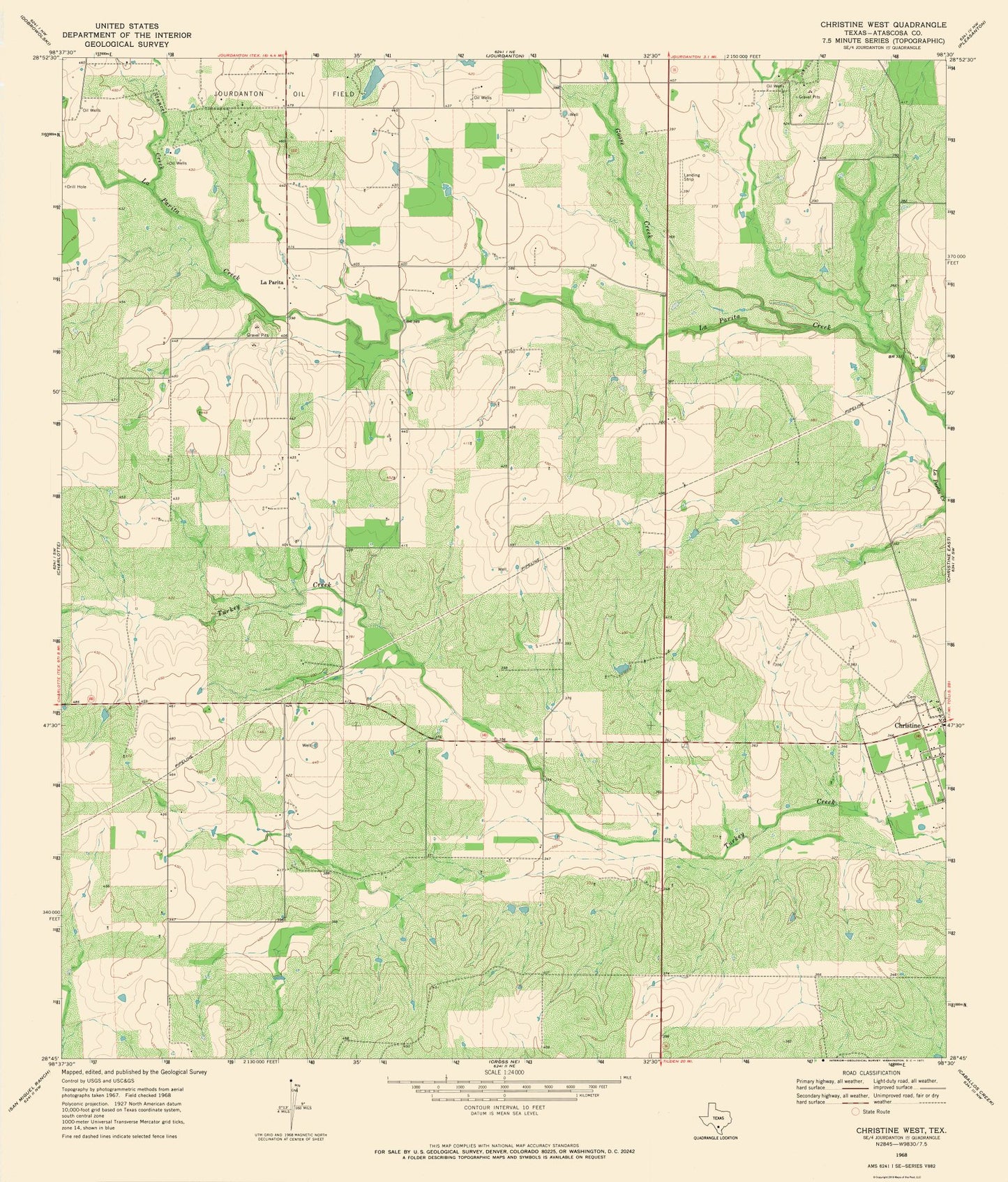 Topographical Map - Christine Texas West Quad - USGS 1968 - 23 x 26.97 - Vintage Wall Art