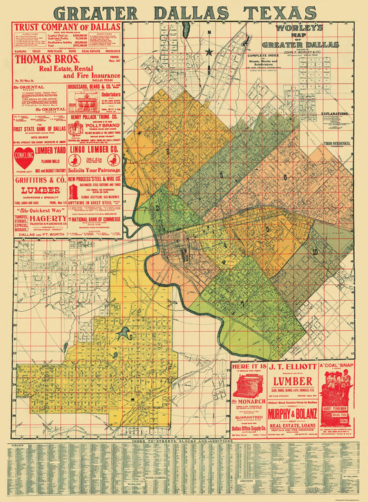 Historic City Map - Dallas Texas - Worley 1905 - 23 x 31.38 - Vintage Wall Art