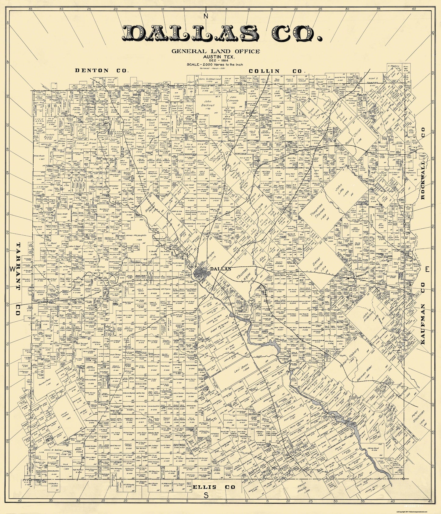 Historic County Map - Dallas County Texas - General Land Office 1884 - 23 x 26.81 - Vintage Wall Art