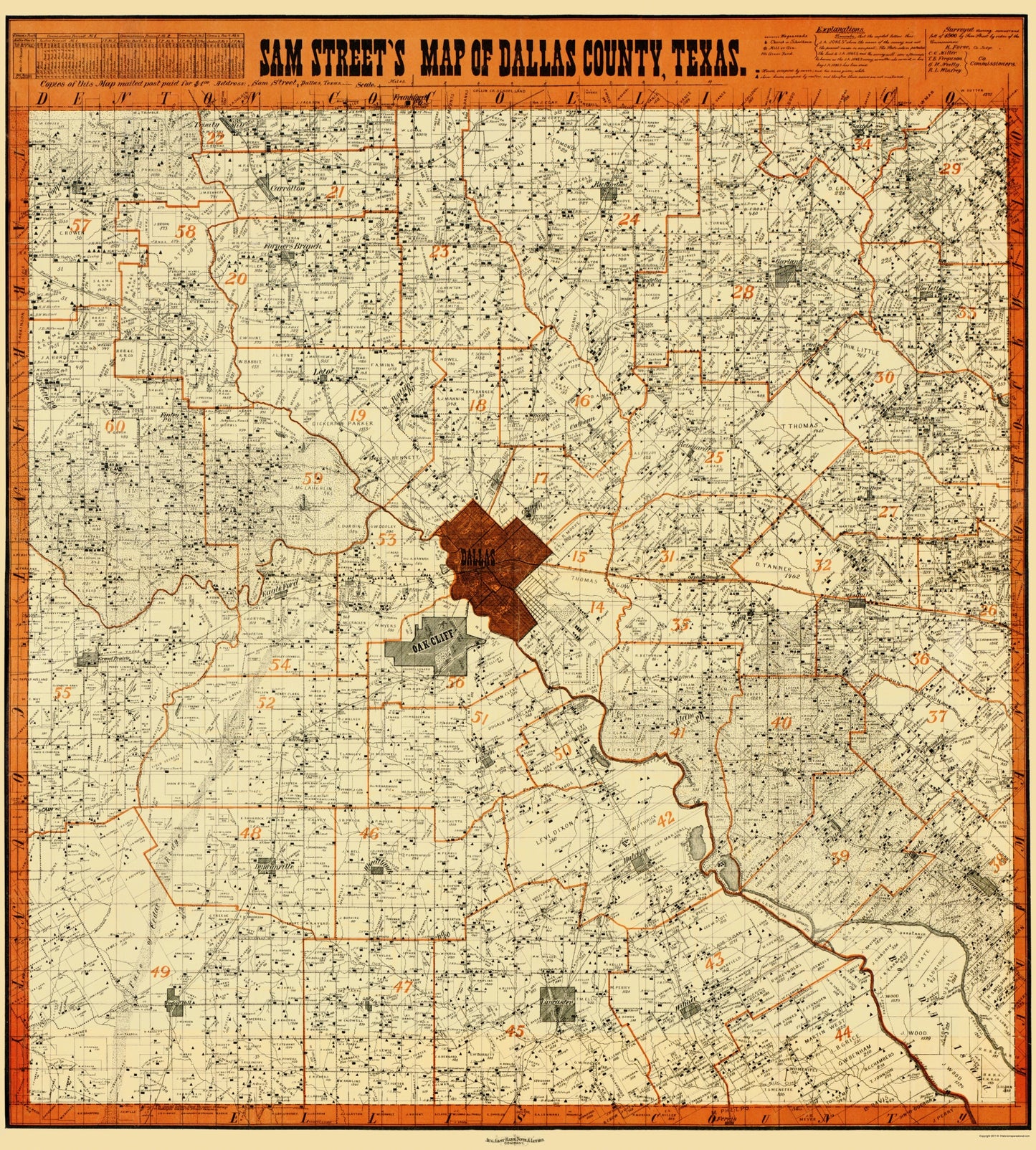 Historic County Map - Dallas County Texas - Street 1902 - 23 x 25.52 - Vintage Wall Art