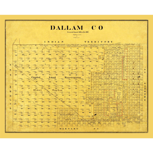 Historic County Map - Dallam County Texas - Beaumont 1889 - Vintage Wall Art