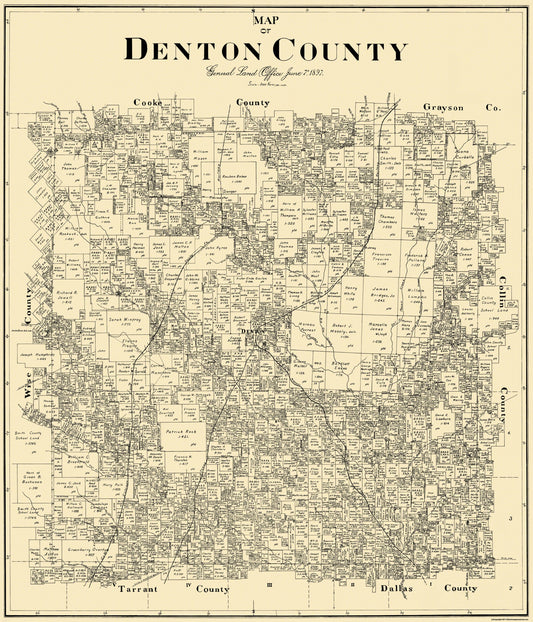 Historic County Map - Denton County Texas - General Land Office 1897 - 23 x 26.81 - Vintage Wall Art
