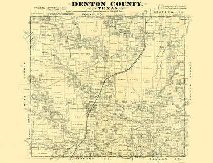 Historic County Map - Denton County Texas - General Land Office 1878 - 23 x 29.85 - Vintage Wall Art