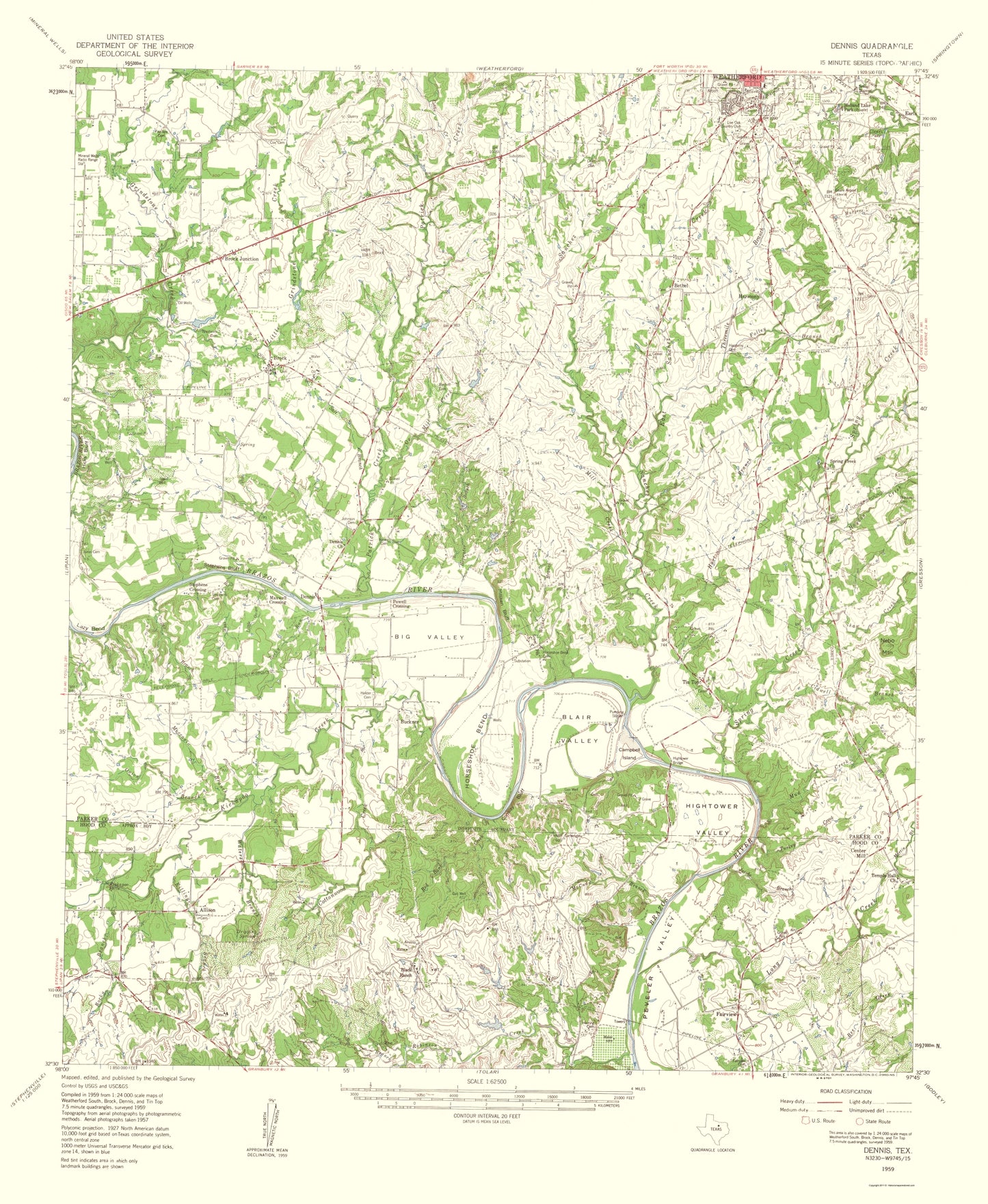 Topographical Map - Dennis Texas Quad - USGS 1960 - 23 x 28.02 - Vintage Wall Art