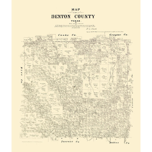Historic County Map - Denton County Texas - Walsh 1879 - Vintage Wall Art