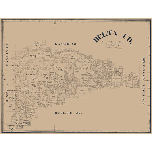 Historic County Map - Delta County Texas - Blain 1889 - Vintage Wall Art