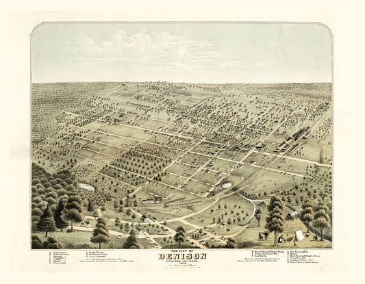 Historic Panoramic View - Denison Texas - Morse 1876 - 29.56 x 23 - Vintage Wall Art