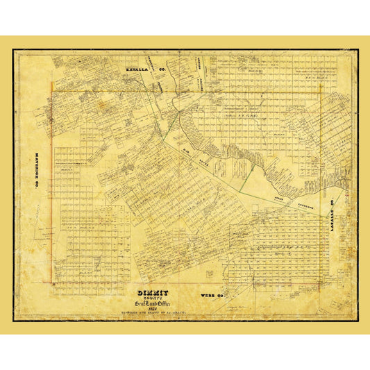 Historic County Map - Dimmit County Texas - Arlitt 1876 - Vintage Wall Art