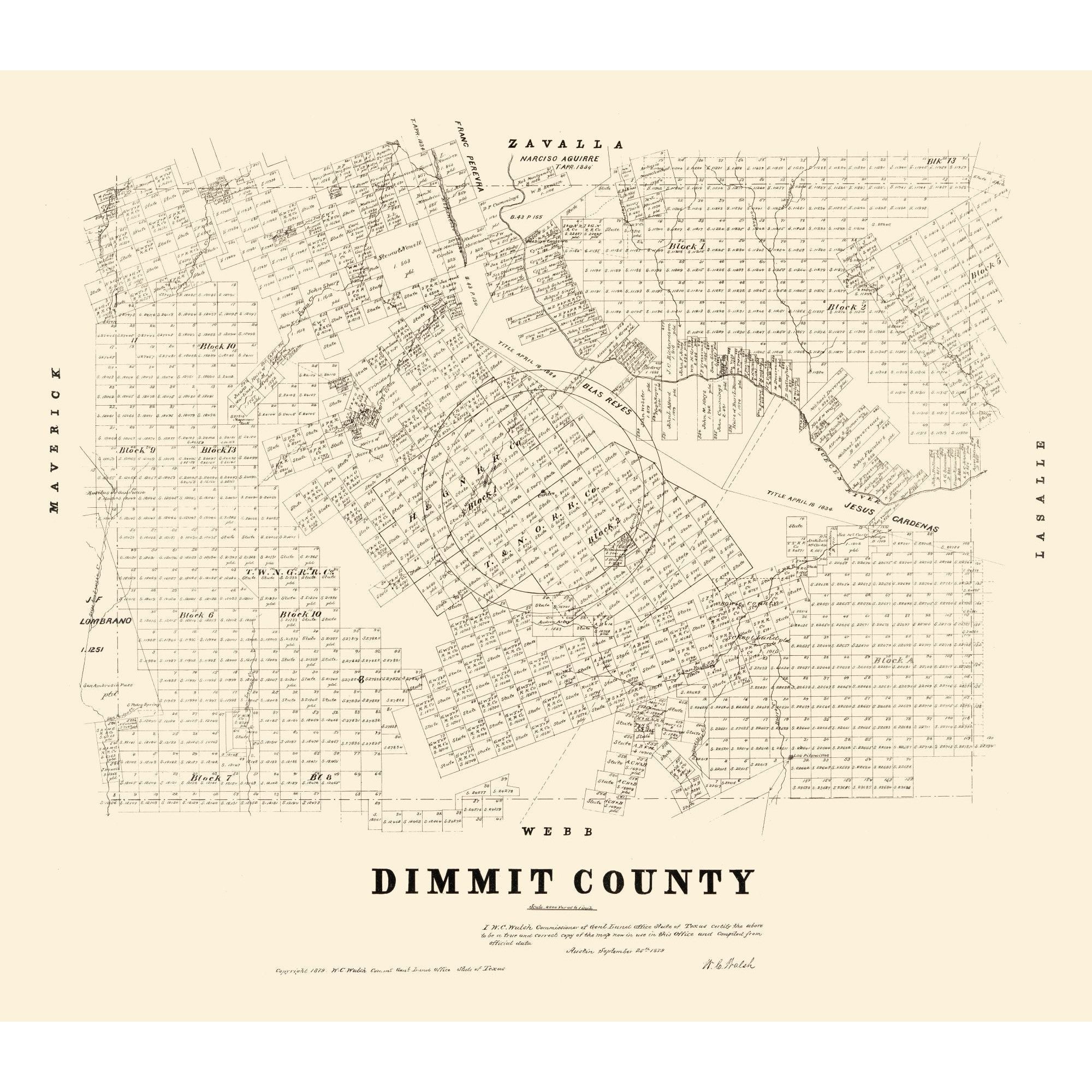 Historic County Map - Dimmit County Texas - Walsh 1879 - 26.40 x 23 ...