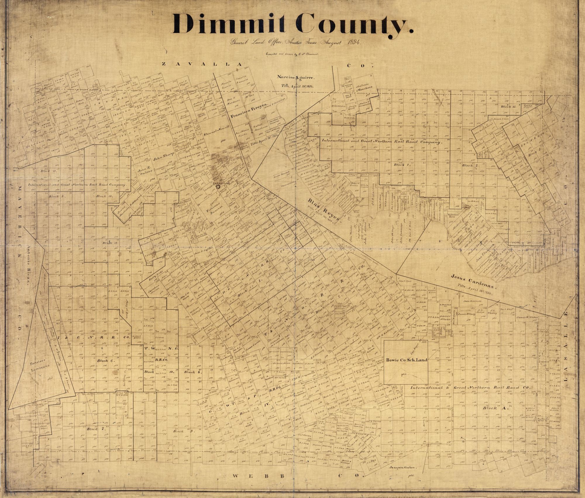 Historic County Map - Dimmit County Texas - Beaumont 1894 - 27.00 x 23 ...