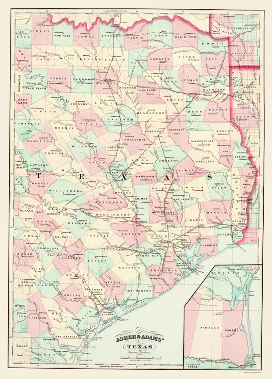 Historic State Map - Texas Eastern Portion - Asher 1874 - 23 x 31.96 - Vintage Wall Art