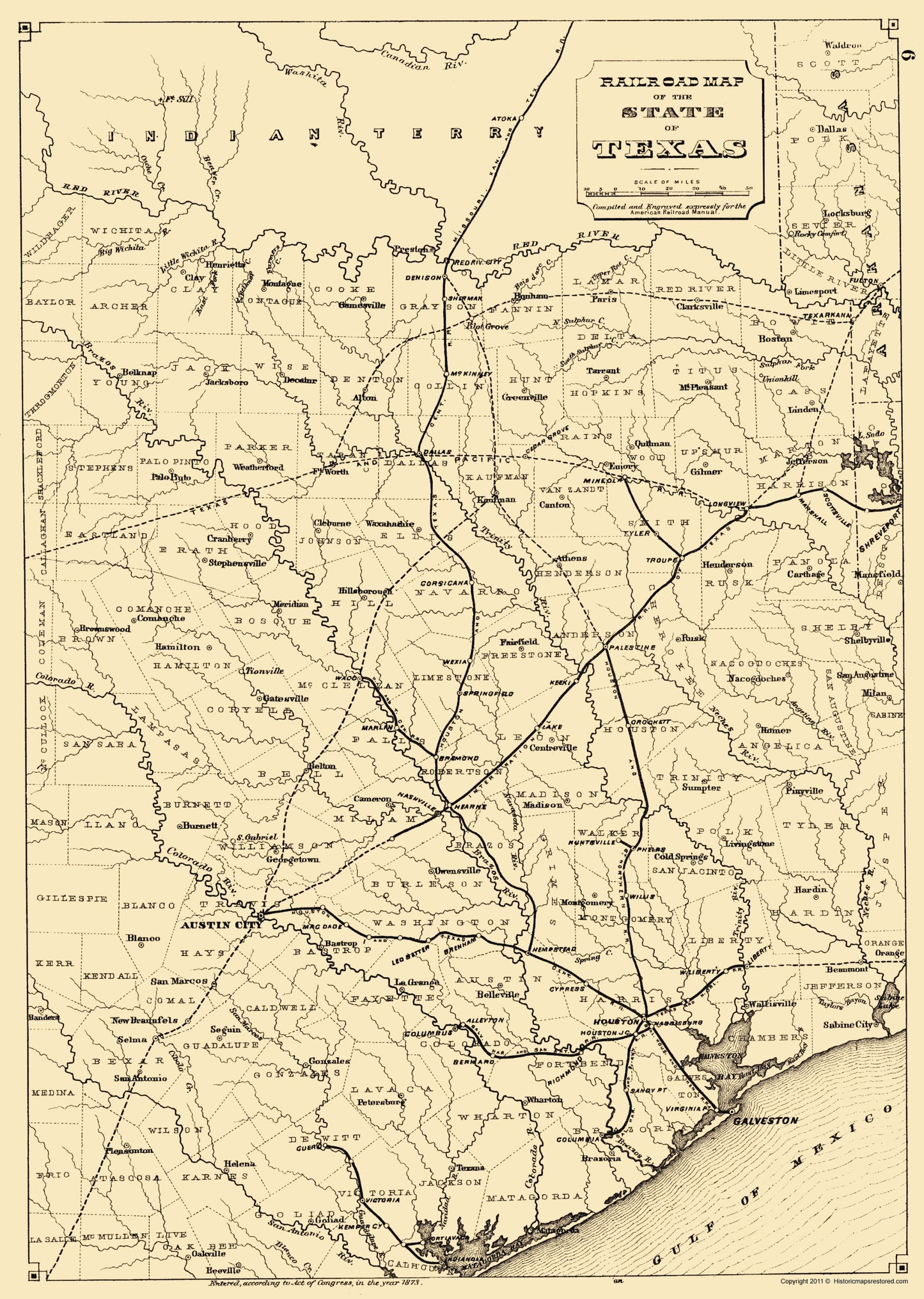 Railroad Map - Texas State Railroads - 1873 - 23 x 32.31 - Vintage Wall Art