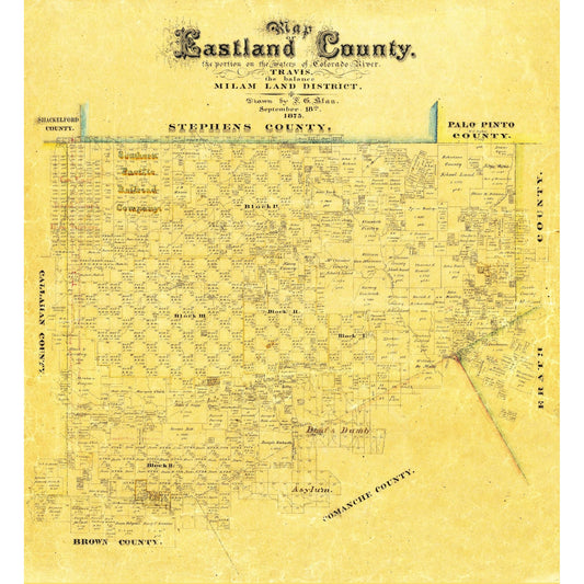 Historic County Map - Eastland County Texas - Blan 1875 - Vintage Wall Art