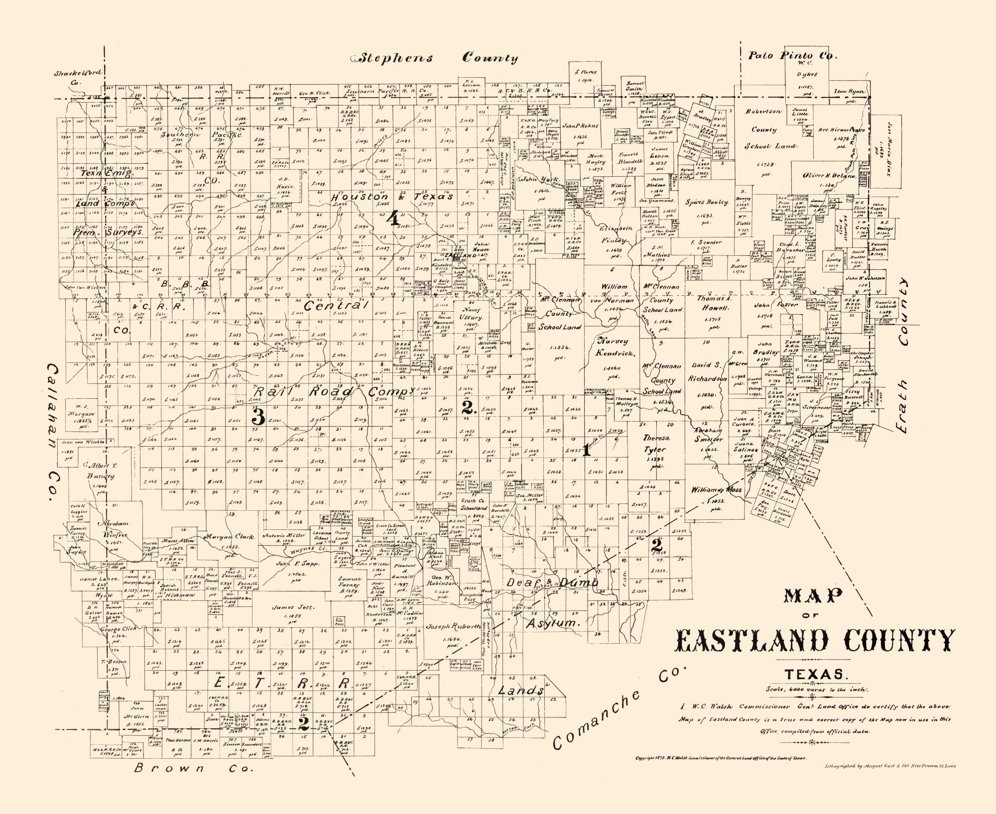 Historic County Map - Eastland County Texas - Walsh 1879 - 28.13 x 23 ...