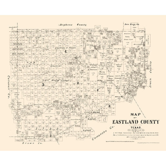 Historic County Map - Eastland County Texas - Walsh 1879 - Vintage Wall Art