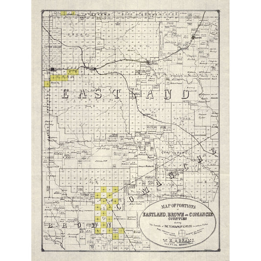 Historic County Map- Eastland Brown Comanche Counties Texas - Abrams 1890 - Vintage Wall Art