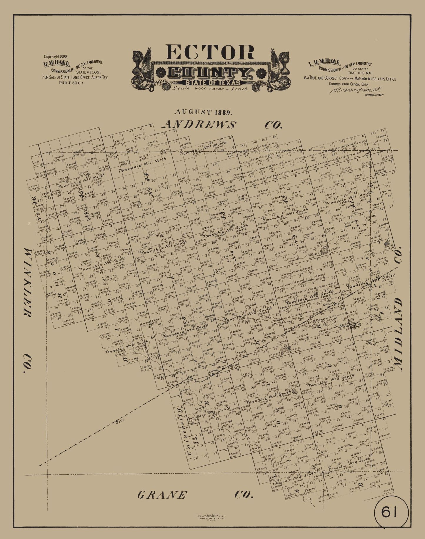 Historic County Map - Ector County Texas - Hall 1889 - 23 x 29.15 - Vintage Wall Art