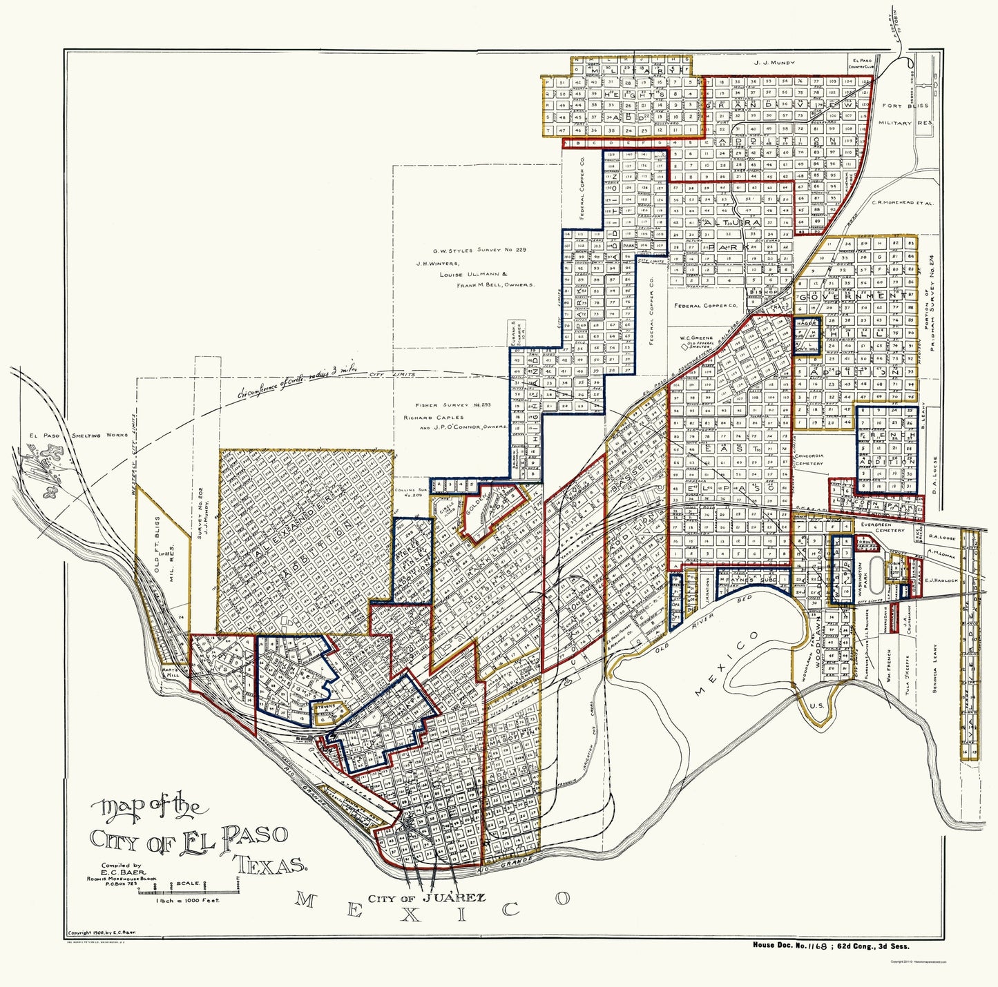 Historic City Map - El Paso Texas - Baer 1906 - 23 x 23.24 - Vintage Wall Art