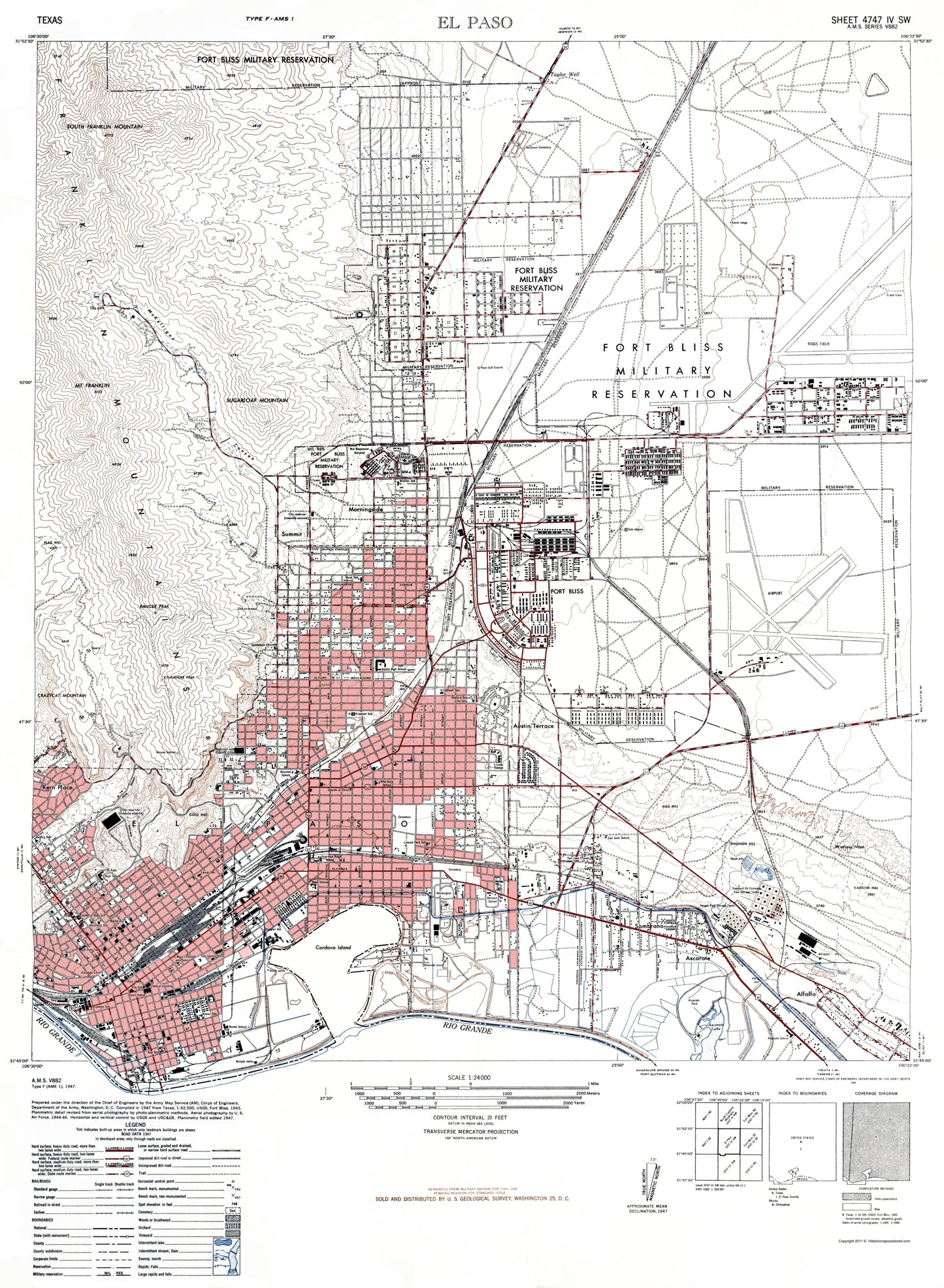 Topographical Map - El Paso Texas Sheet - USGS 1947 - 23 x 31.39 - Vintage Wall Art