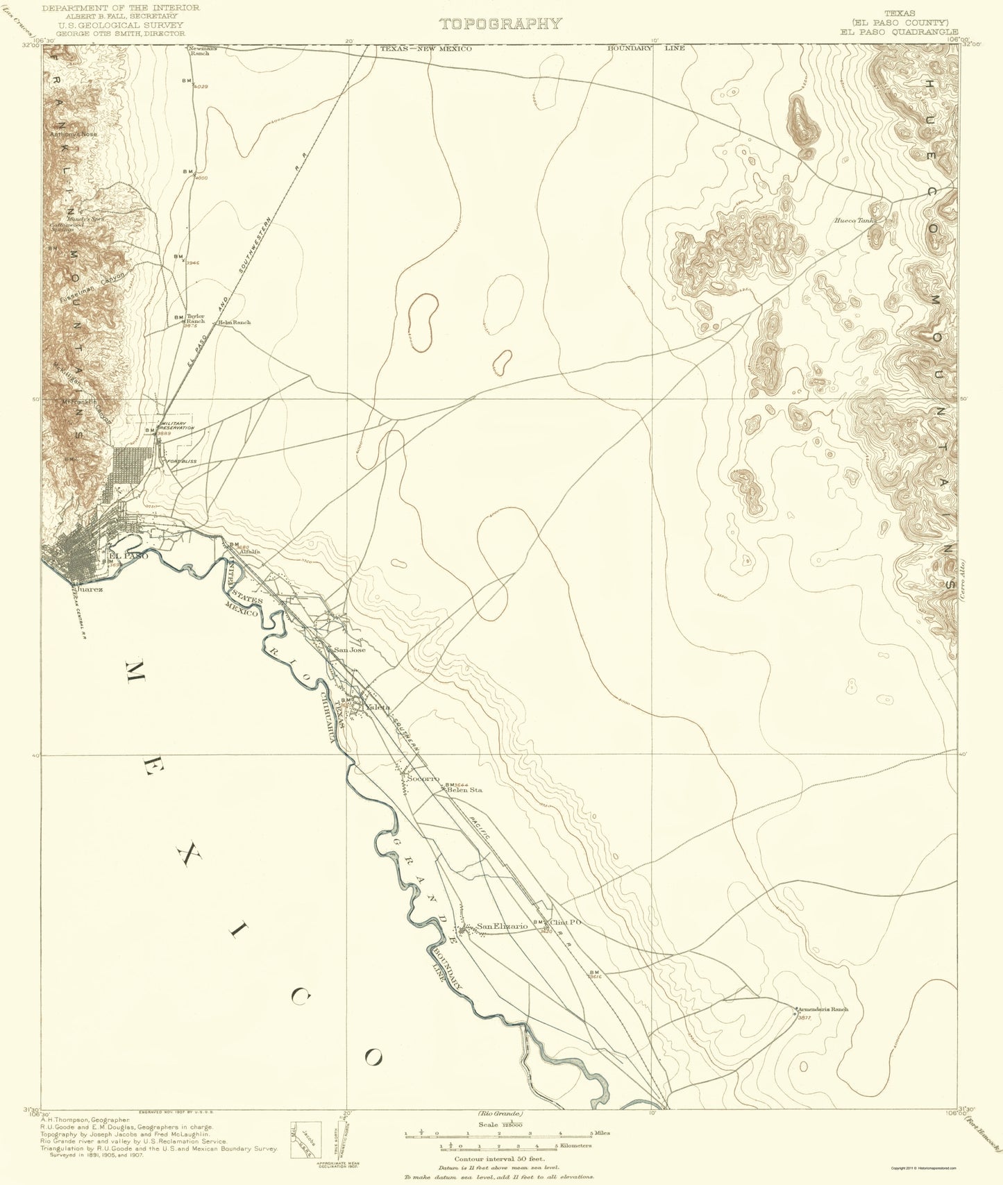 Topographical Map - El Paso Texas Quad - USGS 1907 - 23 x 27.17 - Vintage Wall Art