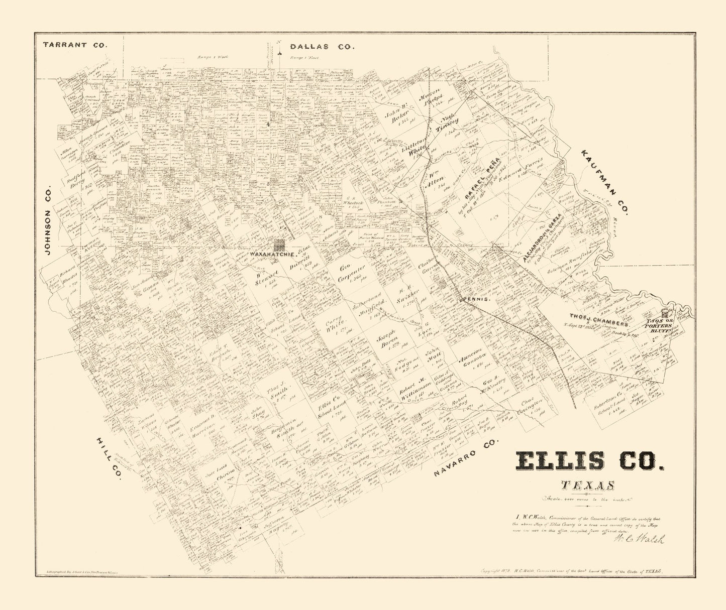 Historic County Map - Ellis County Texas - Walsh 1879 - 27.36 x 23 - Vintage Wall Art