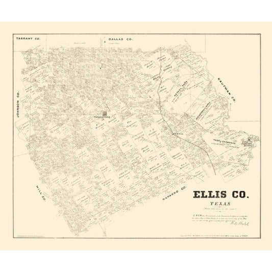 Historic County Map - Ellis County Texas - Walsh 1879 - Vintage Wall Art