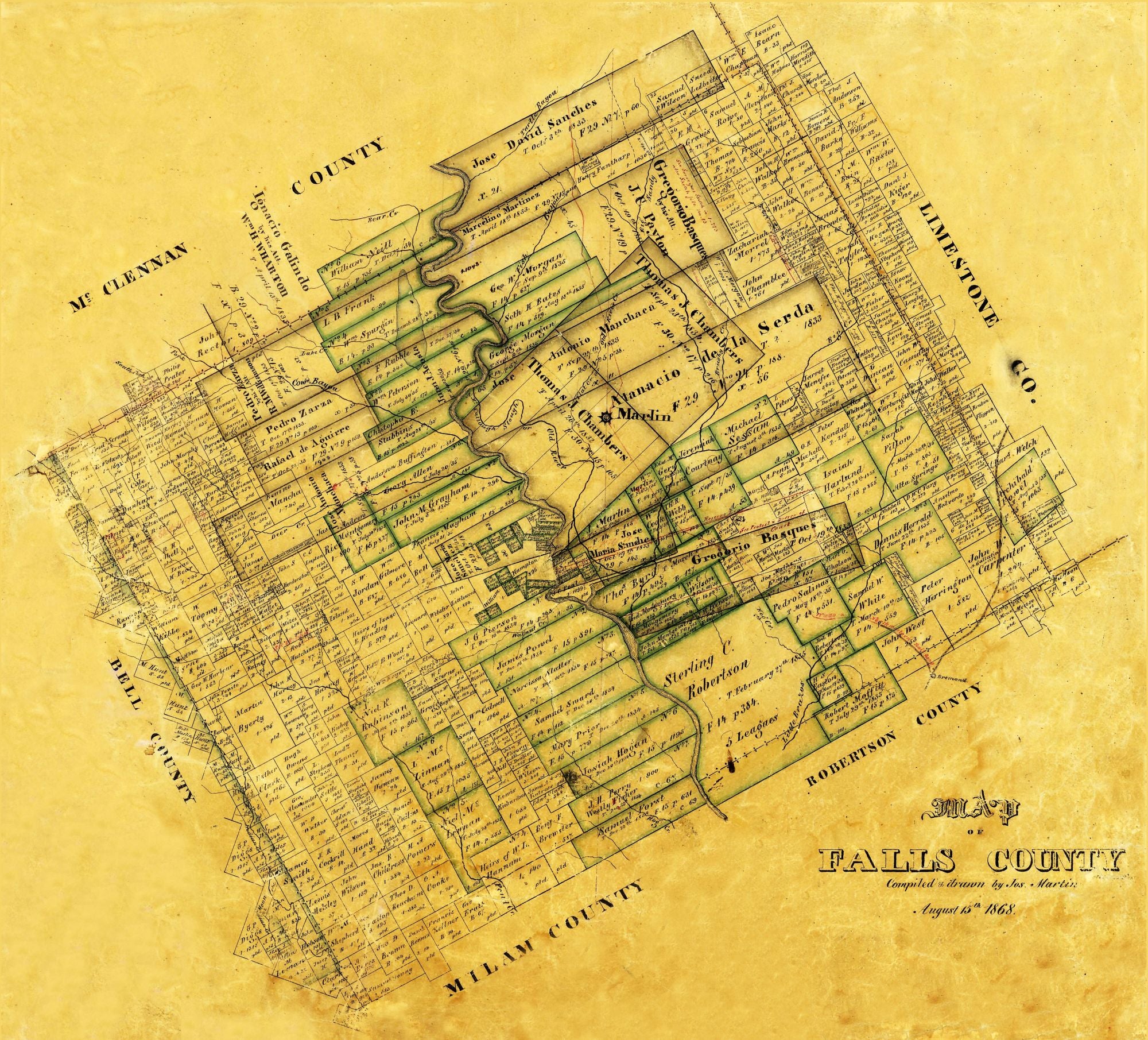Historic County Map - Falls County Texas - Martin 1868 - 25.40 X 23 