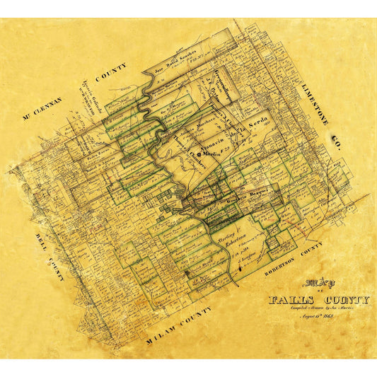 Historic County Map - Falls County Texas - Martin 1868 - Vintage Wall Art