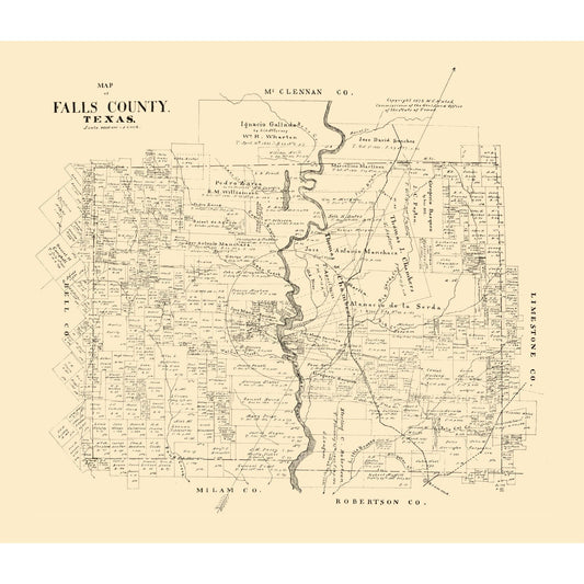 Historic County Map - Falls County Texas - Walsh 1879 - Vintage Wall Art