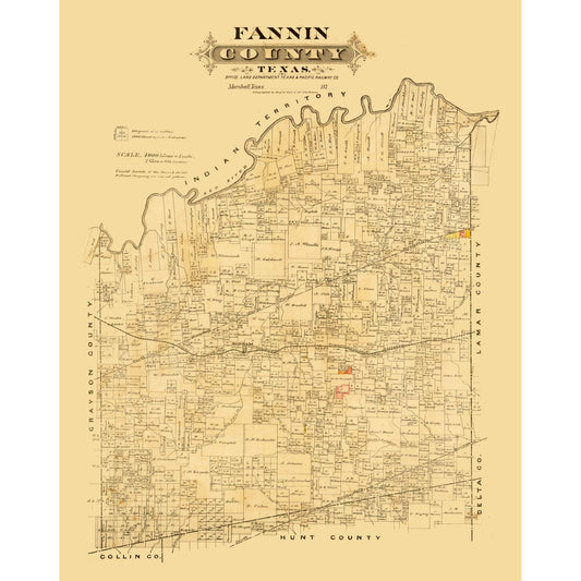 Historic County Map - Fannin County Texas - Marshall 1870 - Vintage Wall Art