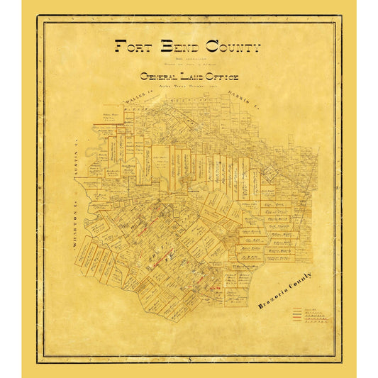 Historic County Map - Fort Bend County Texas - General Land Office 1892 - 23 x 25.94 - Vintage Wall Art