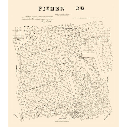 Historic County Map - Fisher County Texas - Walsh 1880 - Vintage Wall Art