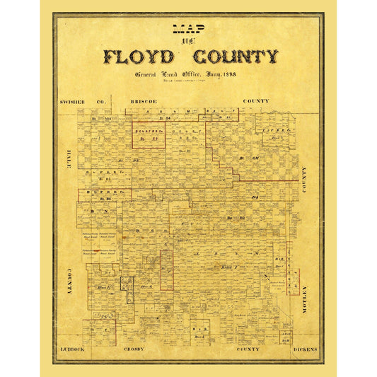 Historic County Map - Floyd County Texas - General Land Office 1888 - 23 x 29.21 - Vintage Wall Art