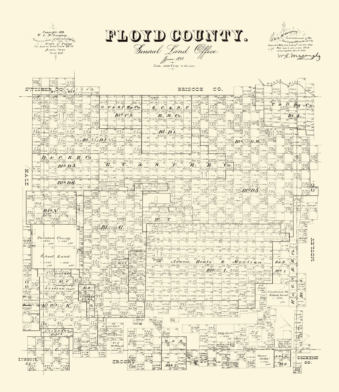 Historic County Map - Floyd County Texas - McGaughey 1892 - 23 x 26.57 - Vintage Wall Art