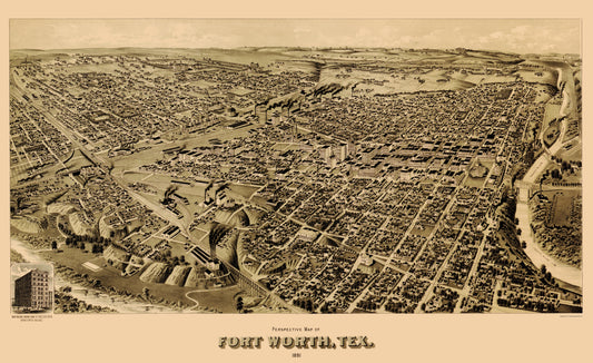 Historic Panoramic View - Fort Worth Texas - Wellge 1891 - 23 x 37.60 - Vintage Wall Art