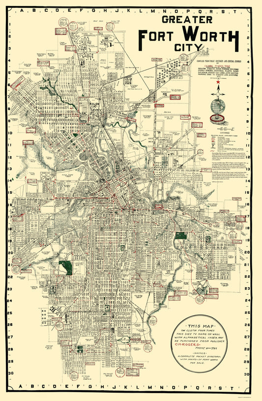 Historic City Map - Fort Worth Texas - Rogers 1920 - 23 x 35.12 - Vintage Wall Art