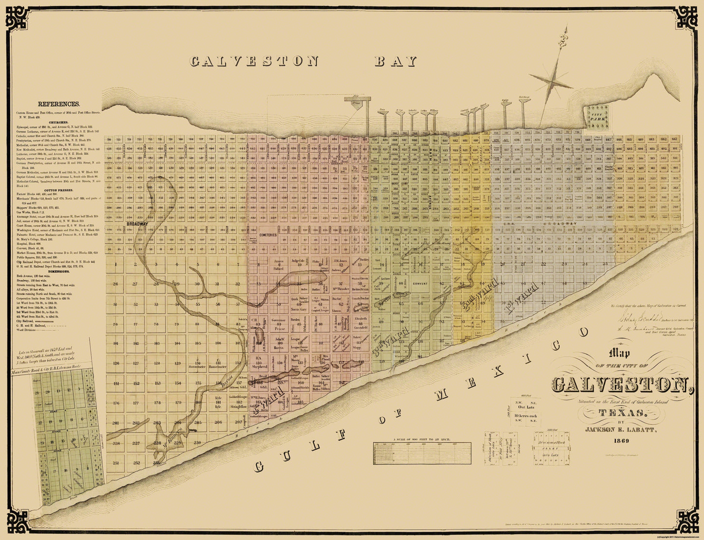 Historic City Map - Galveston Texas - Labatt 1869 - 30 x 23 - Vintage Wall Art