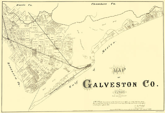 Historic County Map - Galveston County Texas - General Land Office 1879 - 23 x 33.63 - Vintage Wall Art